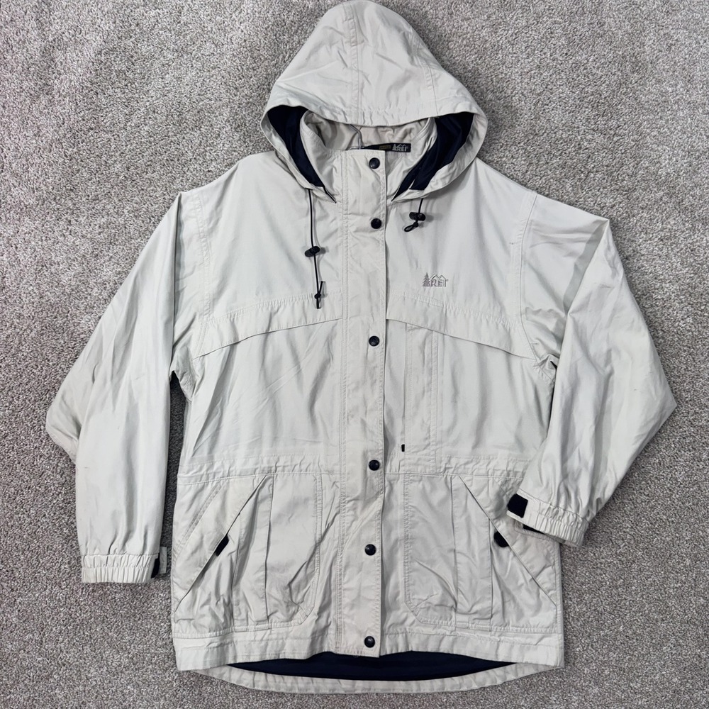 REI Jacket Women Medium Petite Parka Beige Hooded Utility EUC